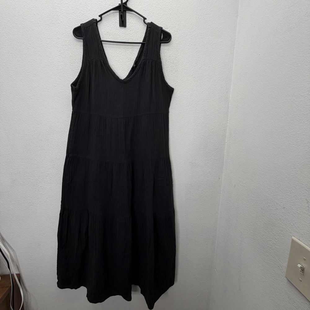Quince Women's 100% Organic Cotton Gauze Tiered Midi Maxi Dress Black Size M